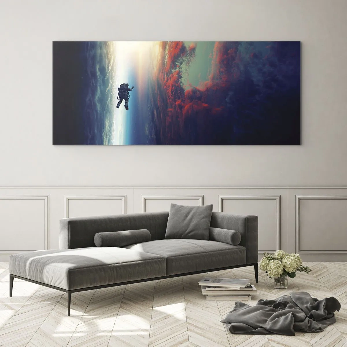 Impression sur verre - Image sur verre - Un astronaute flottant dans l'espace au-dessus d'une Terre colorée - 120x50cm - Affronter l'univers - Décoration murale moderne pour le salon et la chambre ARTTOR