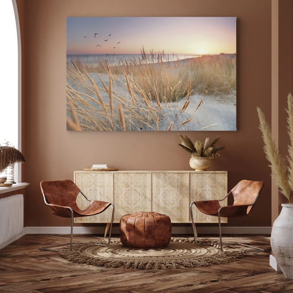Impression sur toile - Image sur toile - Plage au coucher du soleil avec de hautes herbes - 100x70cm - Berceuse baltique - Décoration murale moderne pour le salon et la chambre ARTTOR