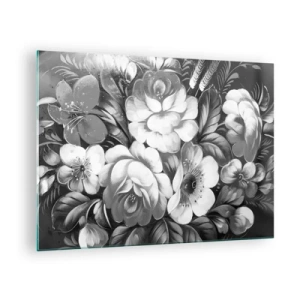 Impression sur verre - Image sur verre - Un élégant bouquet de fleurs dans des tons de gris - 70x50cm - Belle même en gris - Décoration murale moderne pour le salon et la chambre ARTTOR