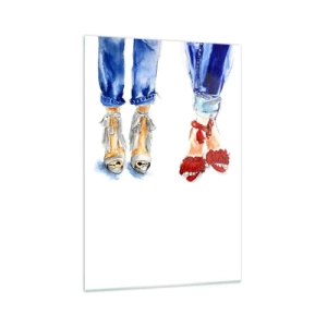 Impression sur verre - Image sur verre - Illustration de deux paires de chaussures dans des sandales élégantes et un jean - 70x100cm - Peut-être irons-nous nous promener? - Décoration murale moderne pour le salon et la chambre ARTTOR