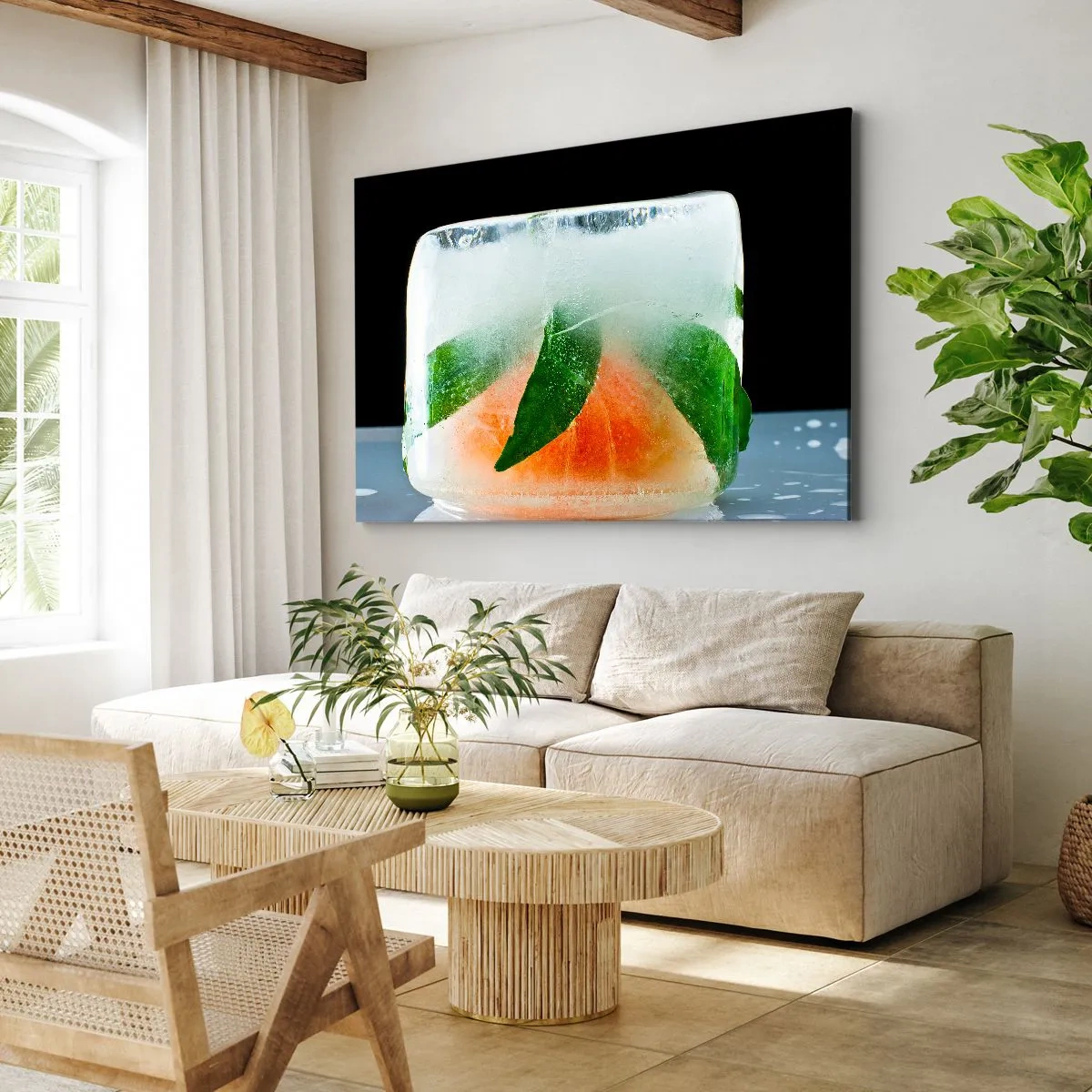 Impression sur toile - Image sur toile - Glaçon à l'orange et aux feuilles - 70x50cm - Fraîcheur et rafraîchissement - Décoration murale moderne pour le salon et la chambre ARTTOR