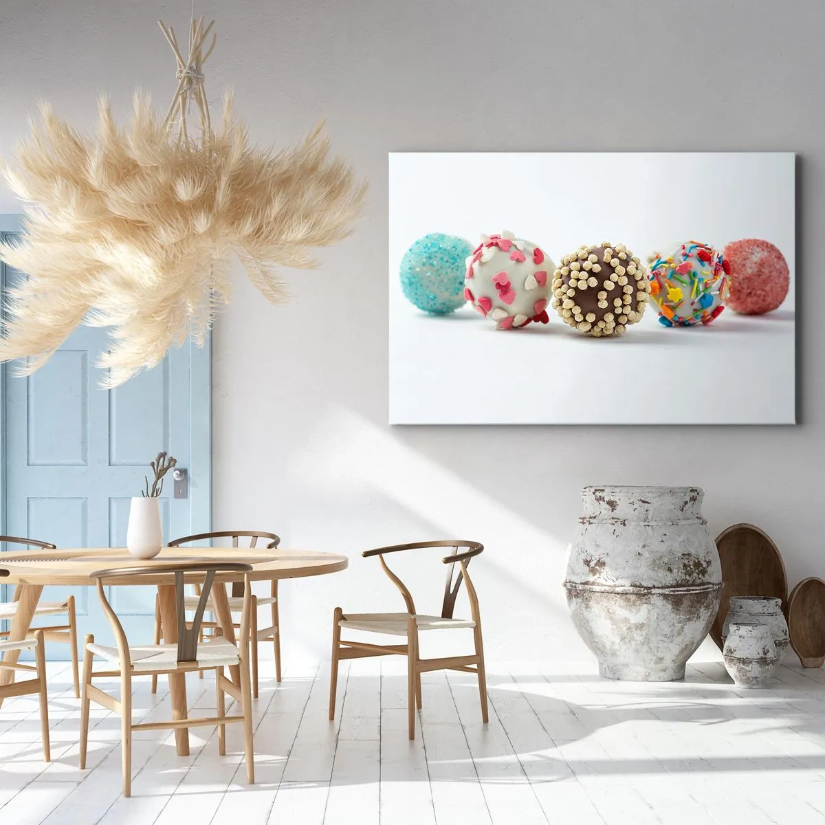 Impression sur toile - Image sur toile - Pralines colorées avec décorations sur fond blanc - 70x50cm - La vie peut être douce - Décoration murale moderne pour le salon et la chambre ARTTOR