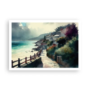 Affiche - Poster - Promenade en bord de mer avec maisons et végétation - 100x70cm - Ville méditerranéenne - Décoration murale moderne pour le salon et la chambre ARTTOR