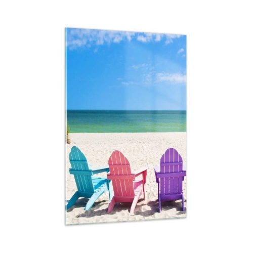 Impression sur verre - Image sur verre - Chaises longues colorées sur la plage avec vue sur la mer - 70x100cm - Plage arc-en-ciel - Décoration murale moderne pour le salon et la chambre ARTTOR