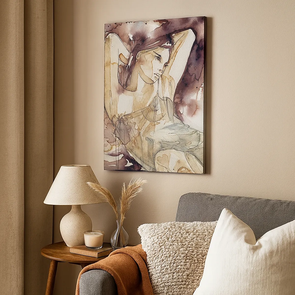 Impression sur toile - Image sur toile - Femme dans un style aquarelle artistique sur fond marron - 50x70cm - D'humeur lilas - Décoration murale moderne pour le salon et la chambre ARTTOR