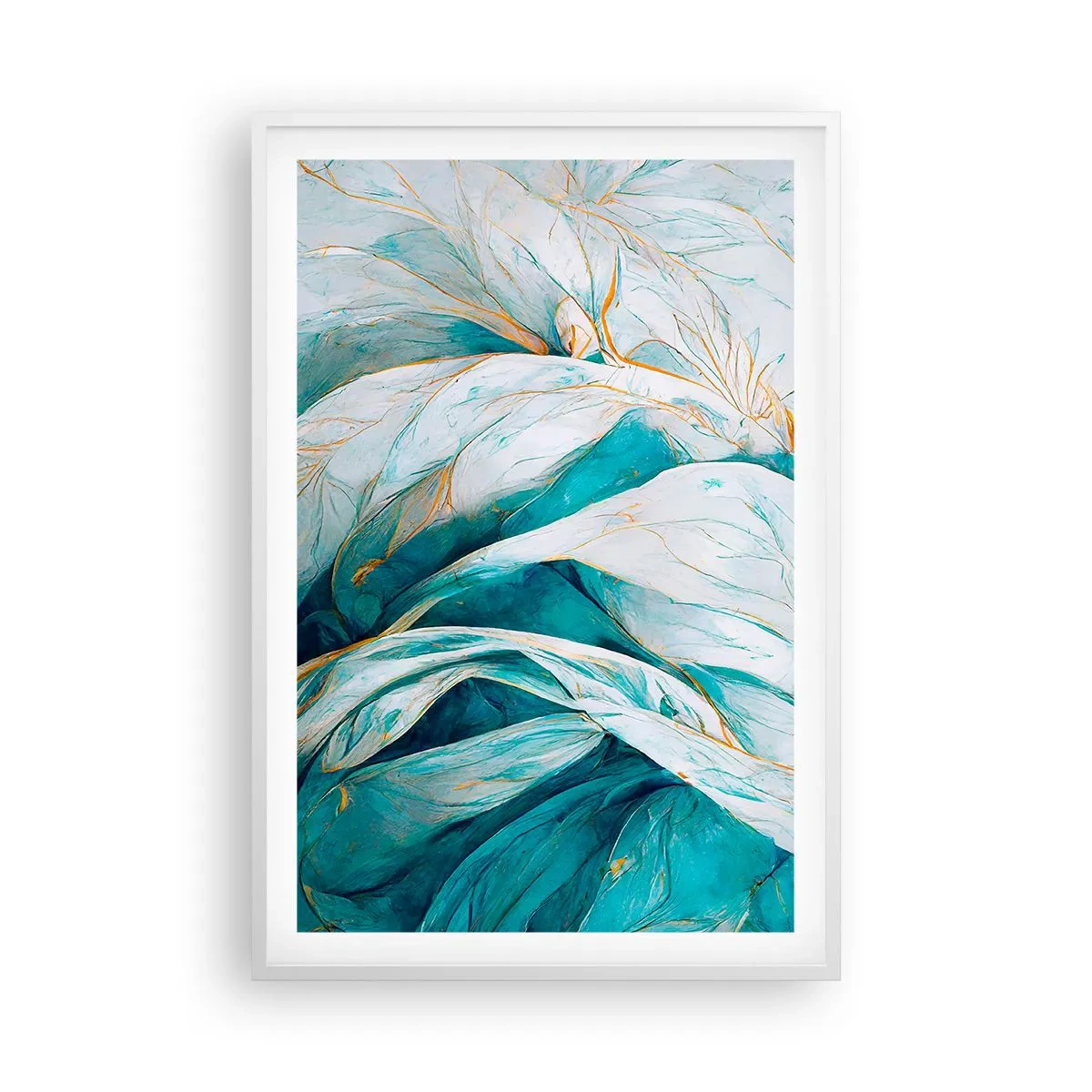 Affiche dans un cadre blanc - Poster - Abstraction bleue avec un motif doré - 61x91 cm