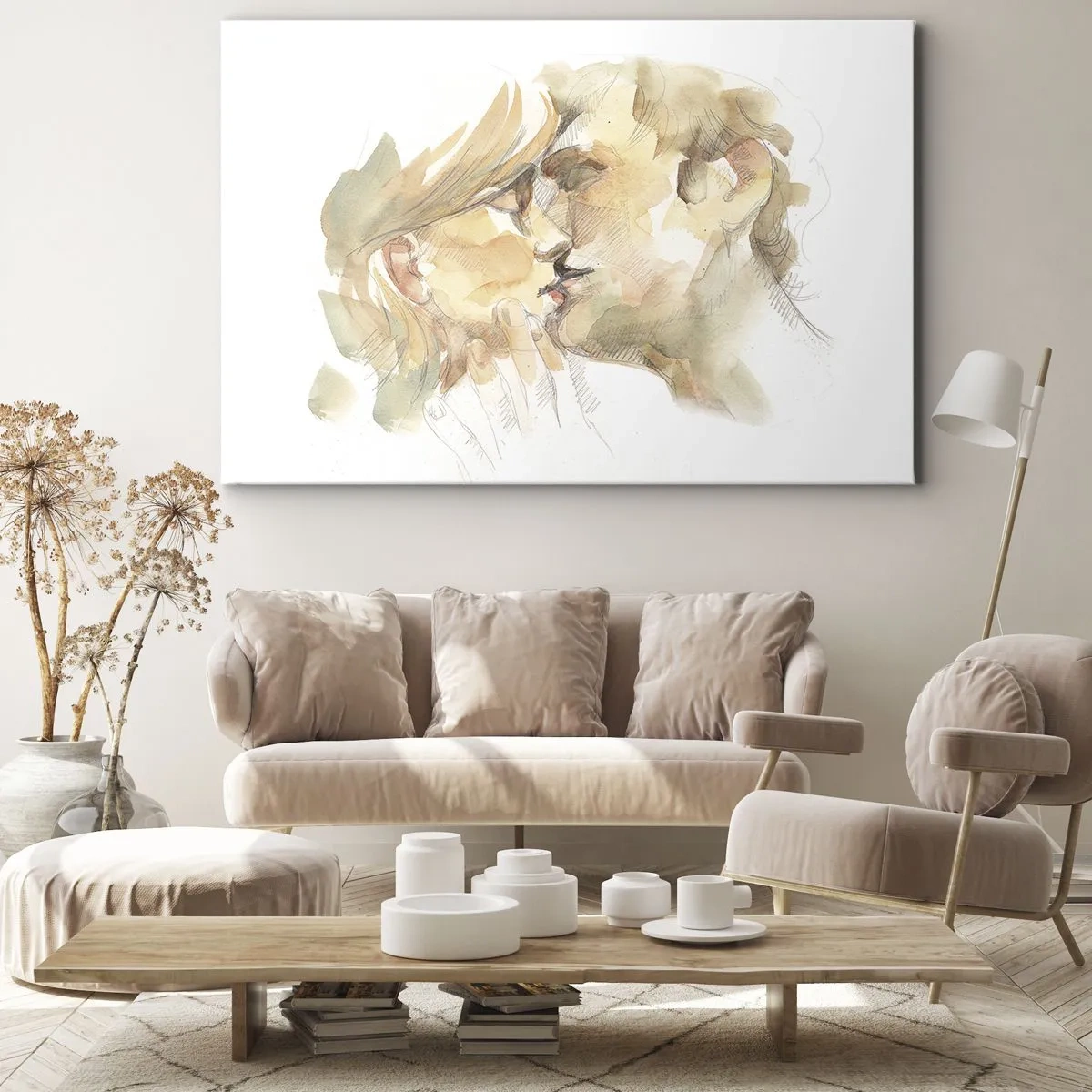 Impression sur toile - Image sur toile - Portrait romantique à l'aquarelle d'un couple s'embrassant - 120x80cm - A moitié trouvé ? - Décoration murale moderne pour le salon et la chambre ARTTOR