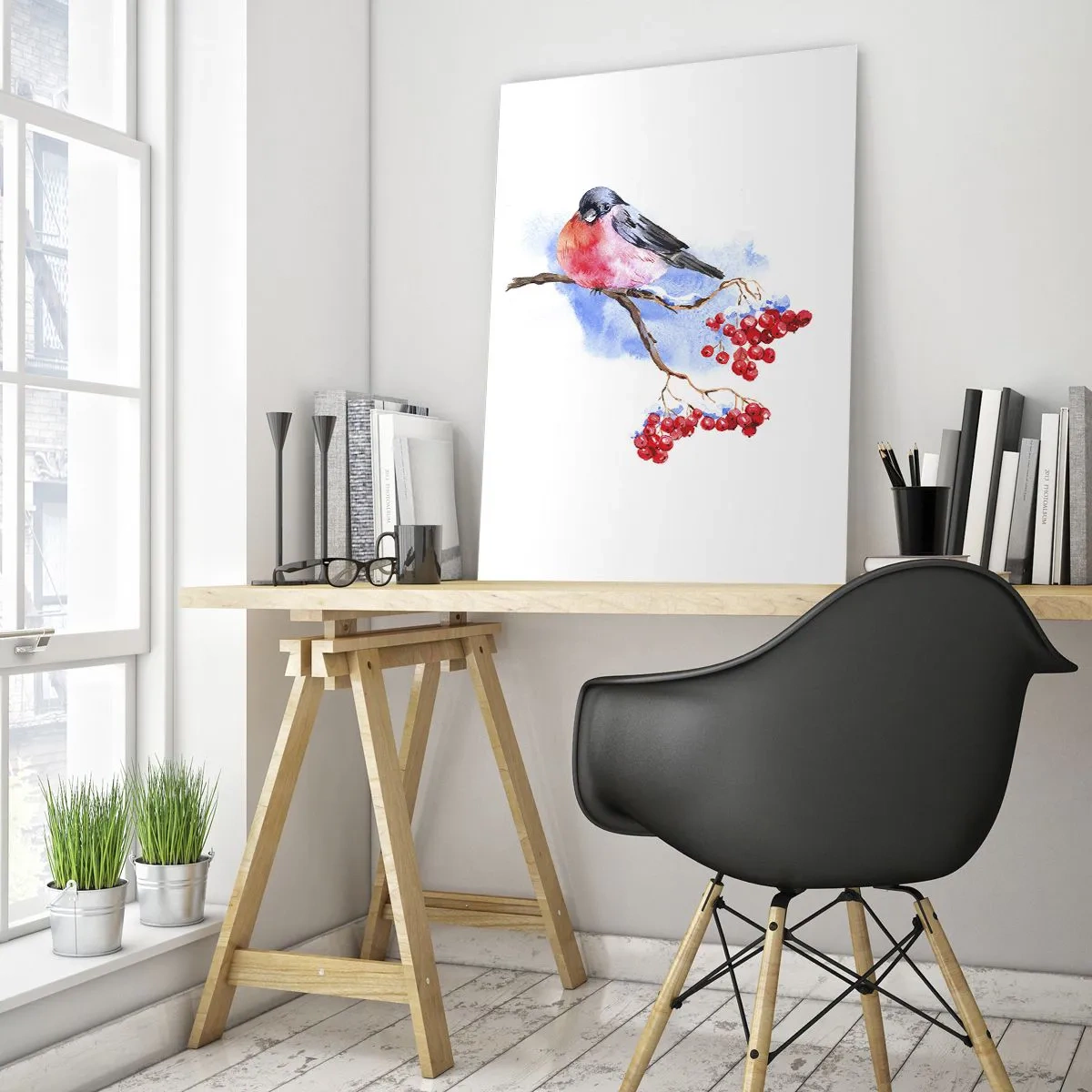 Impression sur verre - Image sur verre - Oiseau sur une branche avec des fruits rouges sur fond aquarelle - 80x120cm - L'hiver en couleurs - Décoration murale moderne pour le salon et la chambre ARTTOR