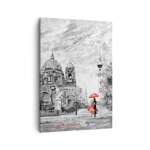 Impression sur toile - Image sur toile - Scène en noir et blanc avec Berlin, un parapluie rouge et un arbre - 50x70cm - Rencontre berlinoise - Décoration murale moderne pour le salon et la chambre ARTTOR