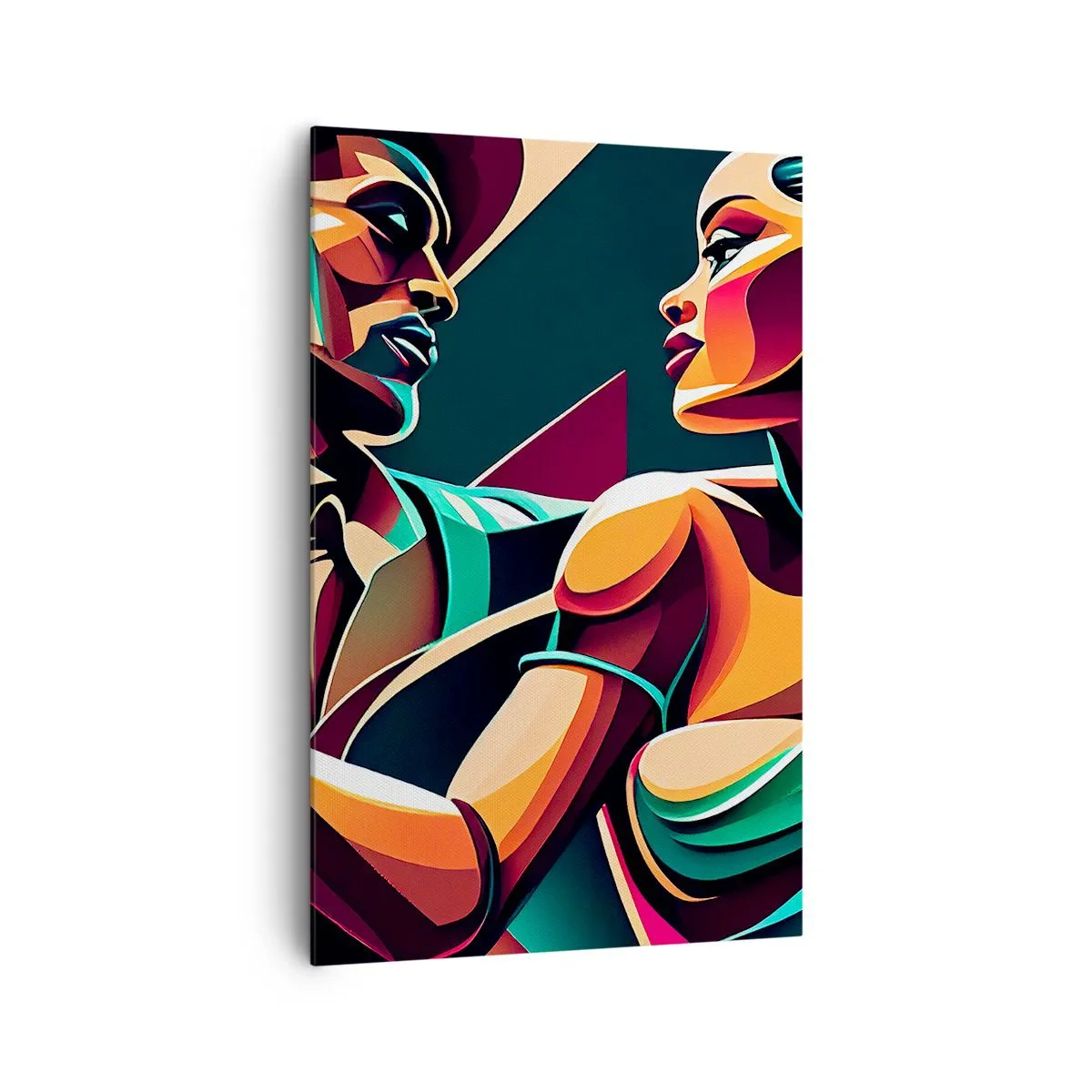 Impression sur toile - Image sur toile - Un couple stylisé dansant dans des couleurs vibrantes et géométriques. - 80x120cm - Au rythme du coeur - Décoration murale moderne pour le salon et la chambre ARTTOR