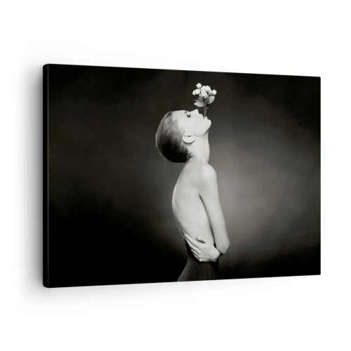 Impression sur toile - Image sur toile - Silhouette noire et blanche d'une femme avec une fleur - 70x50cm - Elégance excentrique - Décoration murale moderne pour le salon et la chambre ARTTOR