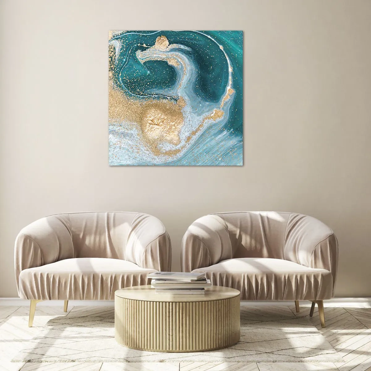 Impression sur verre - Image sur verre - Tourbillon d'or et de turquoise - 30x30 cm