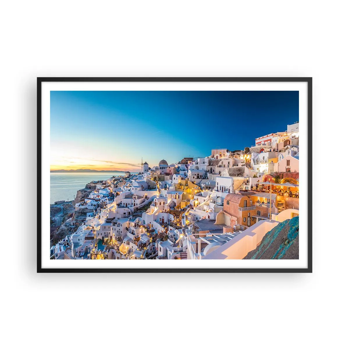 Affiche dans un cadre noir - Poster - Vue d'une ville grecque au coucher du soleil - 100x70cm - L'essence de la grecque - Décoration murale moderne pour le salon et la chambre ARTTOR