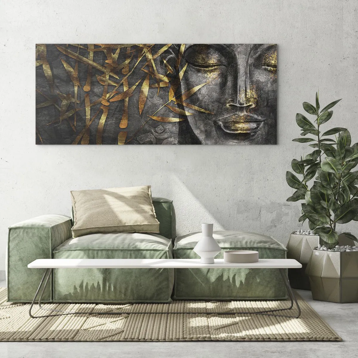 Impression sur verre - Image sur verre - Image de Bouddha zen avec des bambous dorés - 140x50cm - Ressentir le calme - Décoration murale moderne pour le salon et la chambre ARTTOR