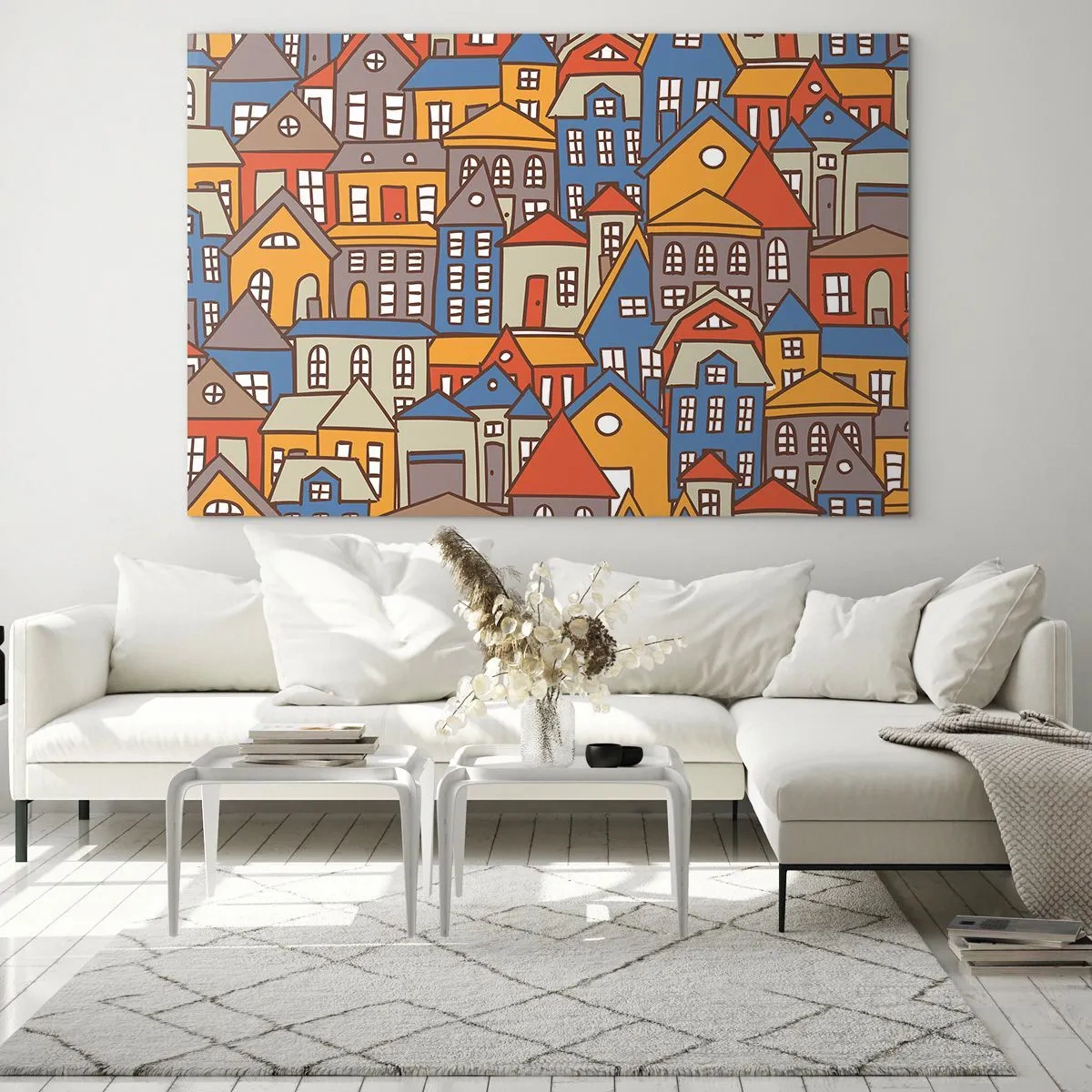 Impression sur verre - Image sur verre - Des maisons colorées dans un style graphique créent un paysage joyeux - 120x80cm - Derrière la maison, une maison - Décoration murale moderne pour le salon et la chambre ARTTOR