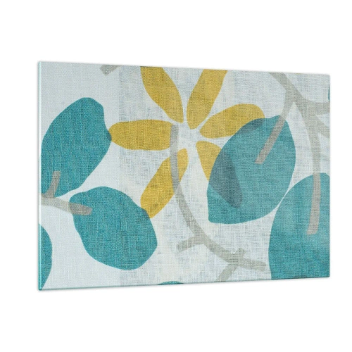Impression sur verre - Image sur verre - Un graphique végétal avec des feuilles azur et des fleurs jaunes - 120x80cm - Wśród lazurowych liści - Décoration murale moderne pour le salon et la chambre ARTTOR