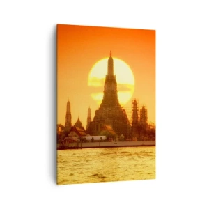 Impression sur toile - Image sur toile - Coucher de soleil sur le temple avec reflet dans l'eau - 70x100cm - Vers le soleil, toujours vers le soleil - Décoration murale moderne pour le salon et la chambre ARTTOR