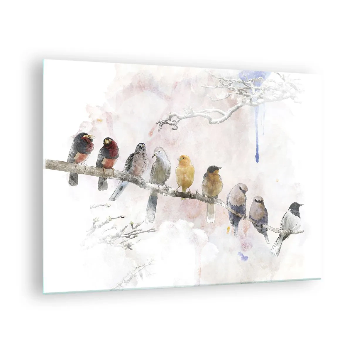 Impression sur verre - Image sur verre - Oiseaux colorés sur une branche dans un style pictural - 70x50cm - Rencontre ailée - Décoration murale moderne pour le salon et la chambre ARTTOR