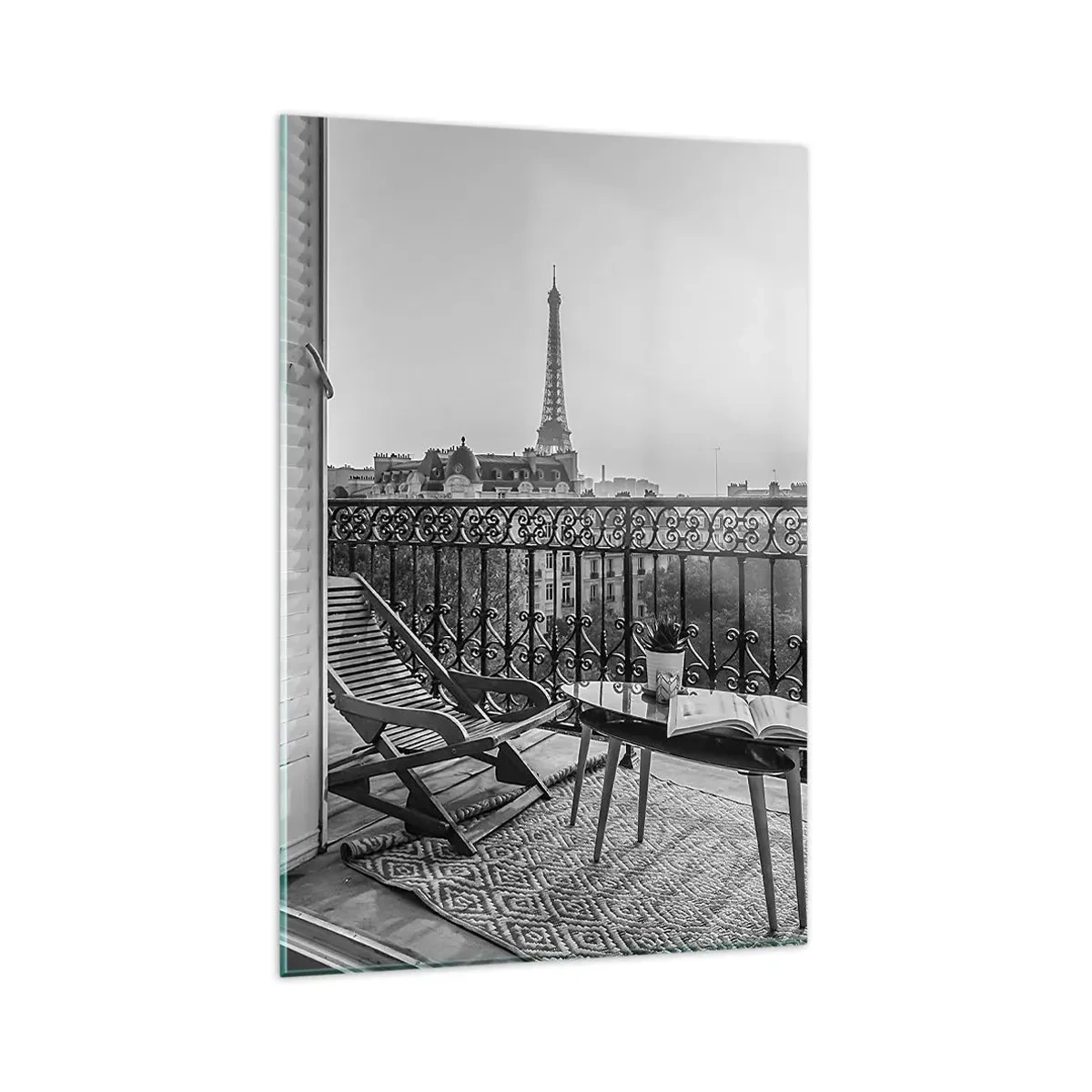 Impression sur verre - Image sur verre - Vue sur la Tour Eiffel depuis le balcon avec transats et table - 80x120cm - Après-midi parisien - Décoration murale moderne pour le salon et la chambre ARTTOR