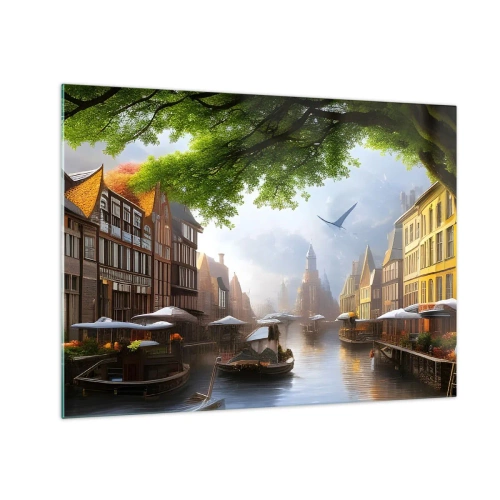 Impression sur verre - Image sur verre - Une vue atmosphérique d'un canal hollandais avec des bateaux et des bâtiments - 70x50cm - Paysage urbain néerlandais - Décoration murale moderne pour le salon et la chambre ARTTOR
