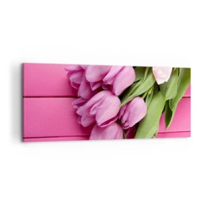 Impression sur toile - Image sur toile - Un bouquet de tulipes roses avec un nœud sur un fond rose - 120x50cm - Juste pour toi - Décoration murale moderne pour le salon et la chambre ARTTOR