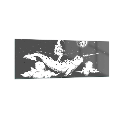 Impression sur verre - Image sur verre - Un astronaute sur le dos d'un narval flottant dans une scène spatiale. - 140x50cm - Cavalier de l'espace - Décoration murale moderne pour le salon et la chambre ARTTOR