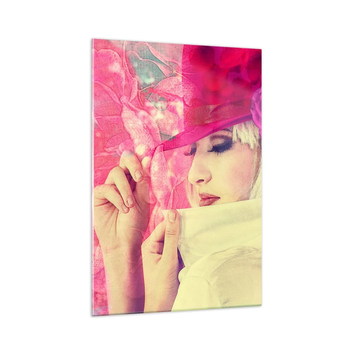 Impression sur verre - Image sur verre - Femme élégante avec un chapeau rose avec une fleur - 70x100cm - Portrait rétro dans une brume rose - Décoration murale moderne pour le salon et la chambre ARTTOR