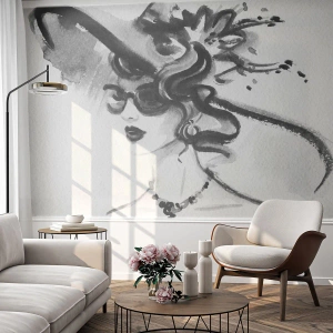 Papier Peint Autocollant Deluxe Sticker - Une dame de caractère - Femme au chapeau, Visage de femme, Noir et blanc - 400x280 cm