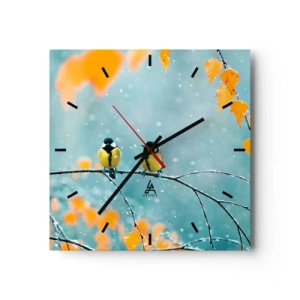 Horloge murale - Pendule murale - Deux oiseaux sur une branche dans un décor hivernal avec des feuilles jaunes. - 30x30cm - Potins d'oiseaux - Décoration murale moderne pour le salon et la chambre ARTTOR