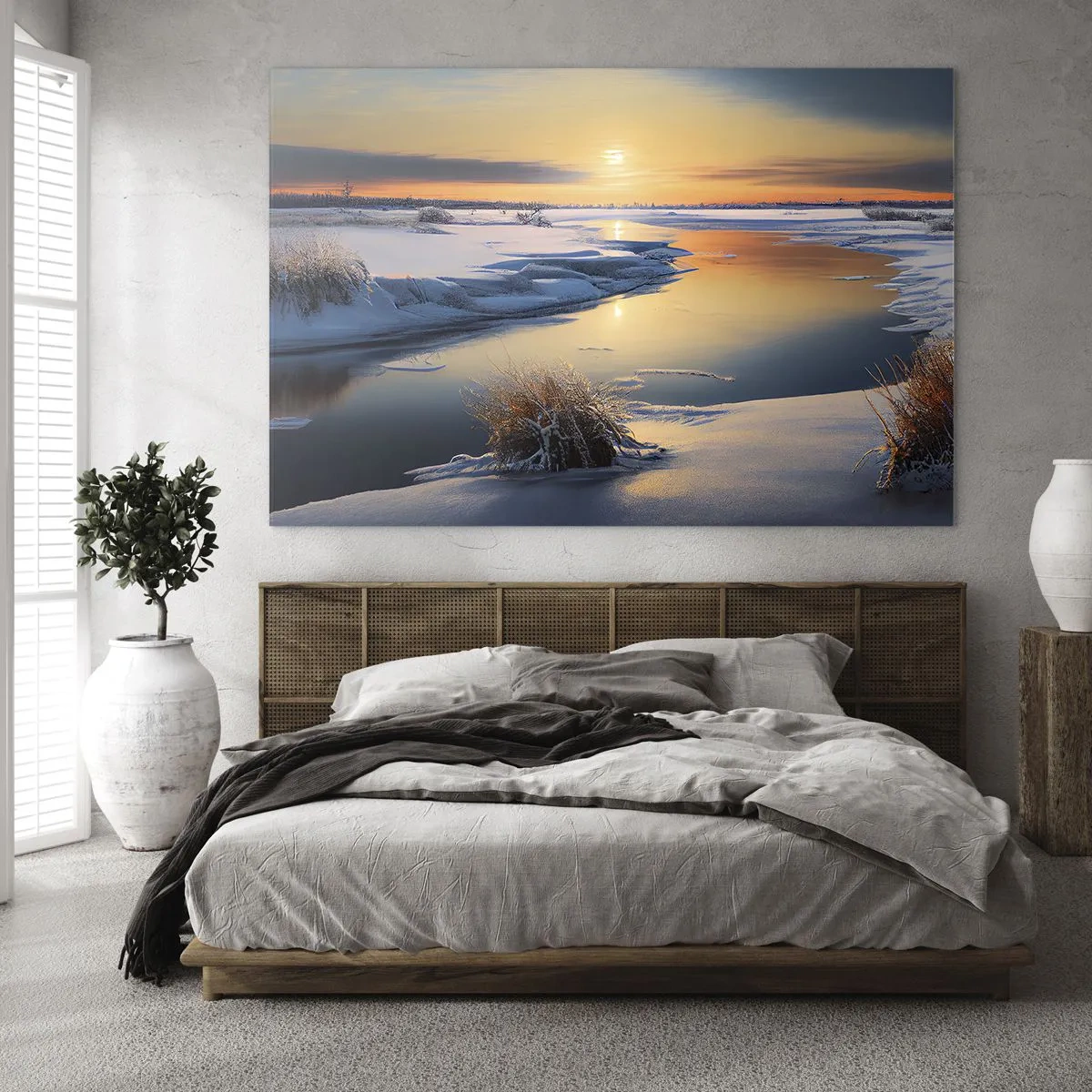 Impression sur verre - Image sur verre - Paysage d'hiver avec coucher de soleil sur une rivière gelée - 100x70cm - Coucher de soleil d'hiver - Décoration murale moderne pour le salon et la chambre ARTTOR