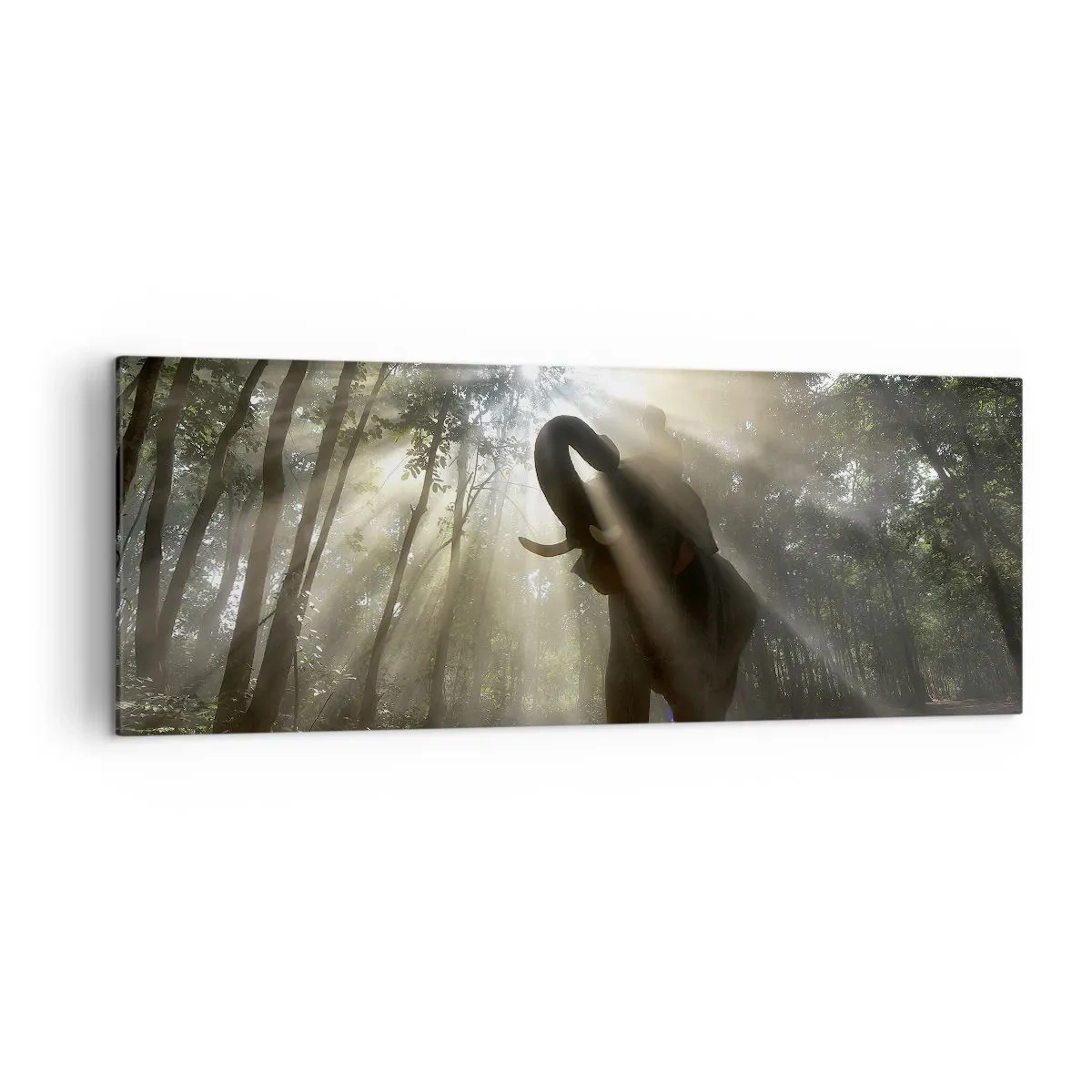Impression sur toile - Image sur toile - Un éléphant dans la forêt entouré de rayons de lumière dans la brume matinale - 140x50cm - Sous la bonne étoile - Décoration murale moderne pour le salon et la chambre ARTTOR
