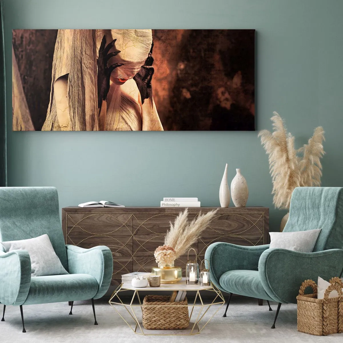 Impression sur toile - Image sur toile - Une femme voilée au style mystérieux sur un fond sombre - 140x50cm - Entre le bon et le mauvais - Décoration murale moderne pour le salon et la chambre ARTTOR