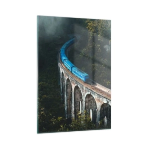 Impression sur verre - Image sur verre - Un train bleu circulant sur un viaduc en pierre dans la forêt - 50x70cm - Train nature - Décoration murale moderne pour le salon et la chambre ARTTOR