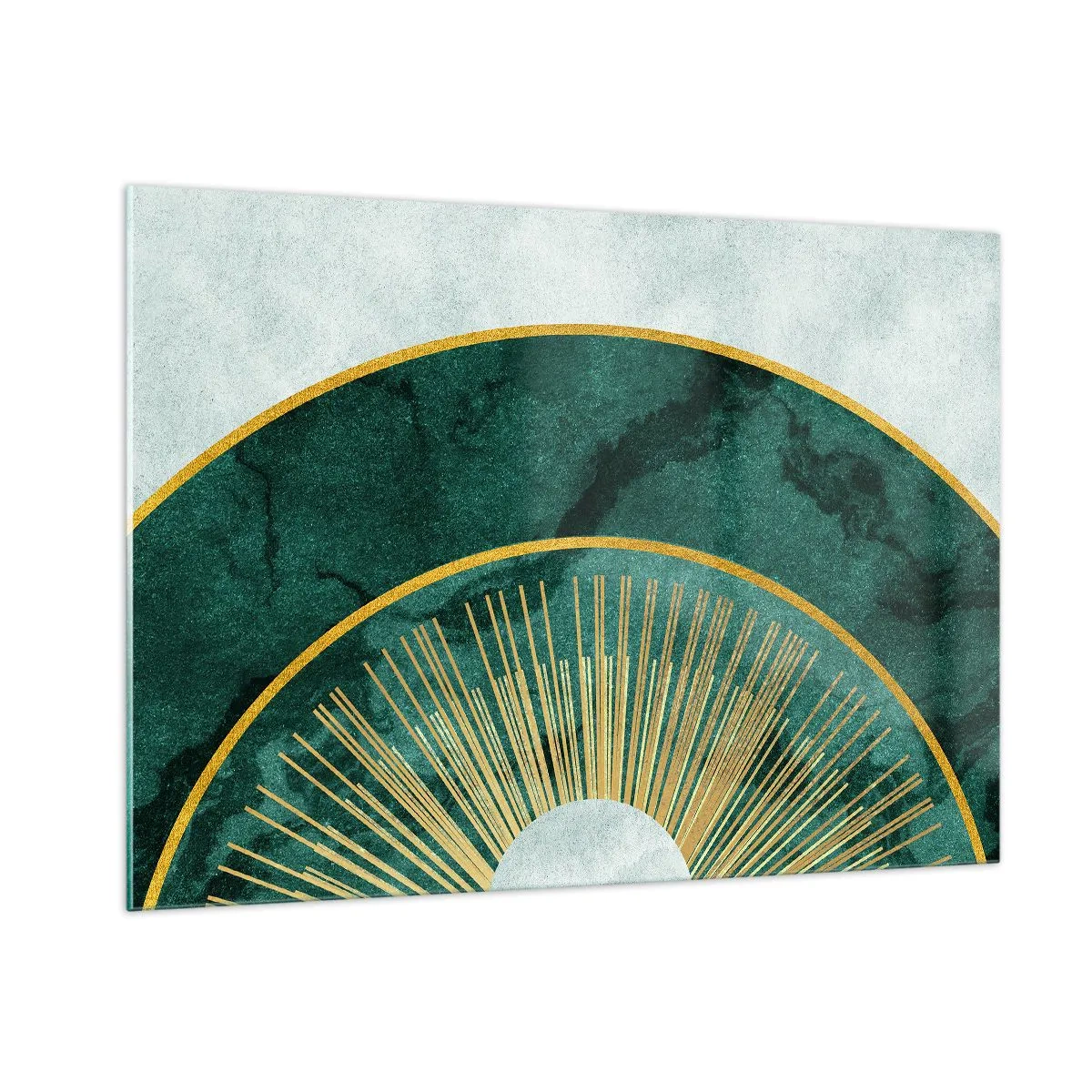 Impression sur verre - Image sur verre - Rayons dorés sur fond de demi-cercles verts avec une structure en marbre - 100x70cm - Un autre système solaire - Décoration murale moderne pour le salon et la chambre ARTTOR
