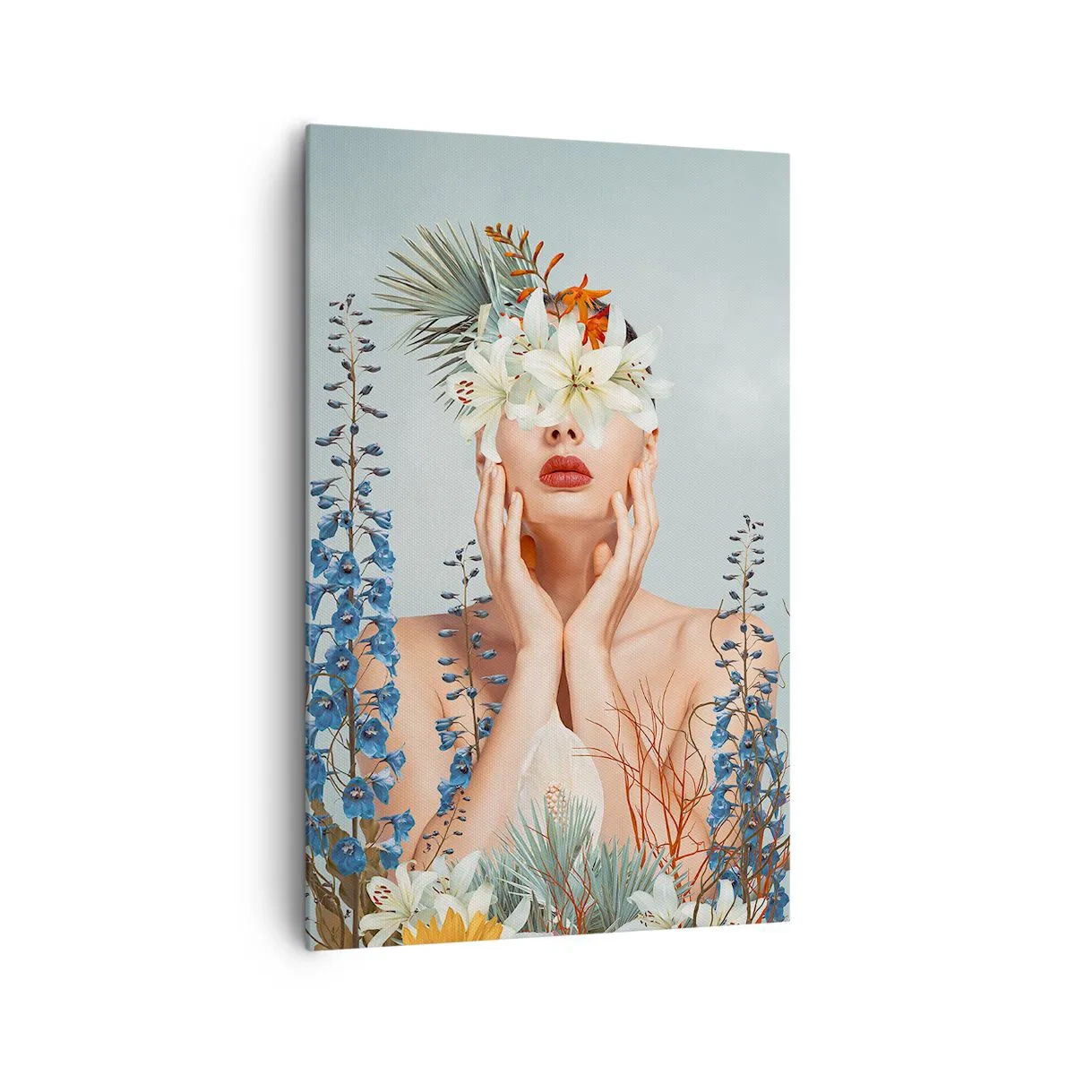 Impression sur toile - Image sur toile - Portrait d'une femme avec un motif floral sur fond bleu - 80x120cm - Femme - fleur - Décoration murale moderne pour le salon et la chambre ARTTOR