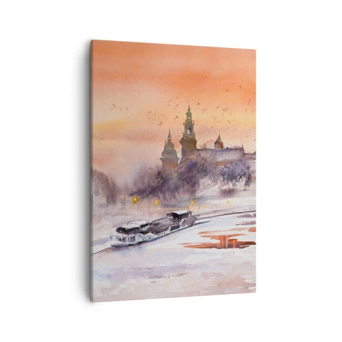Impression sur toile - Image sur toile - Coucher de soleil sur le château dans un paysage hivernal - 50x70cm - Coucher de soleil royal - Décoration murale moderne pour le salon et la chambre ARTTOR