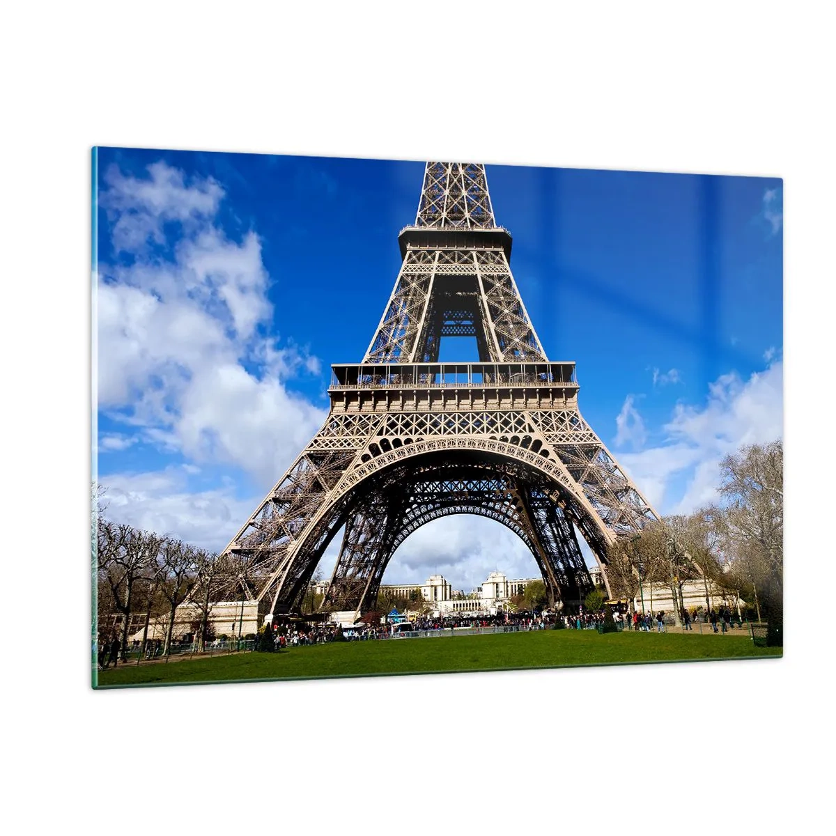 Impression sur verre - Image sur verre - La Tour Eiffel contre un ciel bleu - 120x80cm - Tout Paris à ses pieds - Décoration murale moderne pour le salon et la chambre ARTTOR