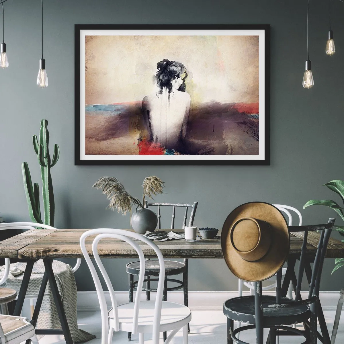 Affiche dans un cadre noir - Poster - Un portrait subtil d'une femme dans un style artistique - 70x50cm - Lignes lisses, formes ovales - Décoration murale moderne pour le salon et la chambre ARTTOR