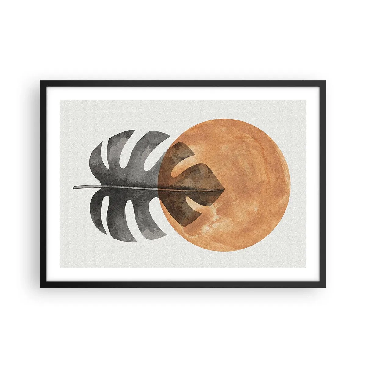 Affiche dans un cadre noir - Poster - Feuille de Monstera et cercle doré sur fond clair - 70x50cm - Toujours le soleil - Décoration murale moderne pour le salon et la chambre ARTTOR