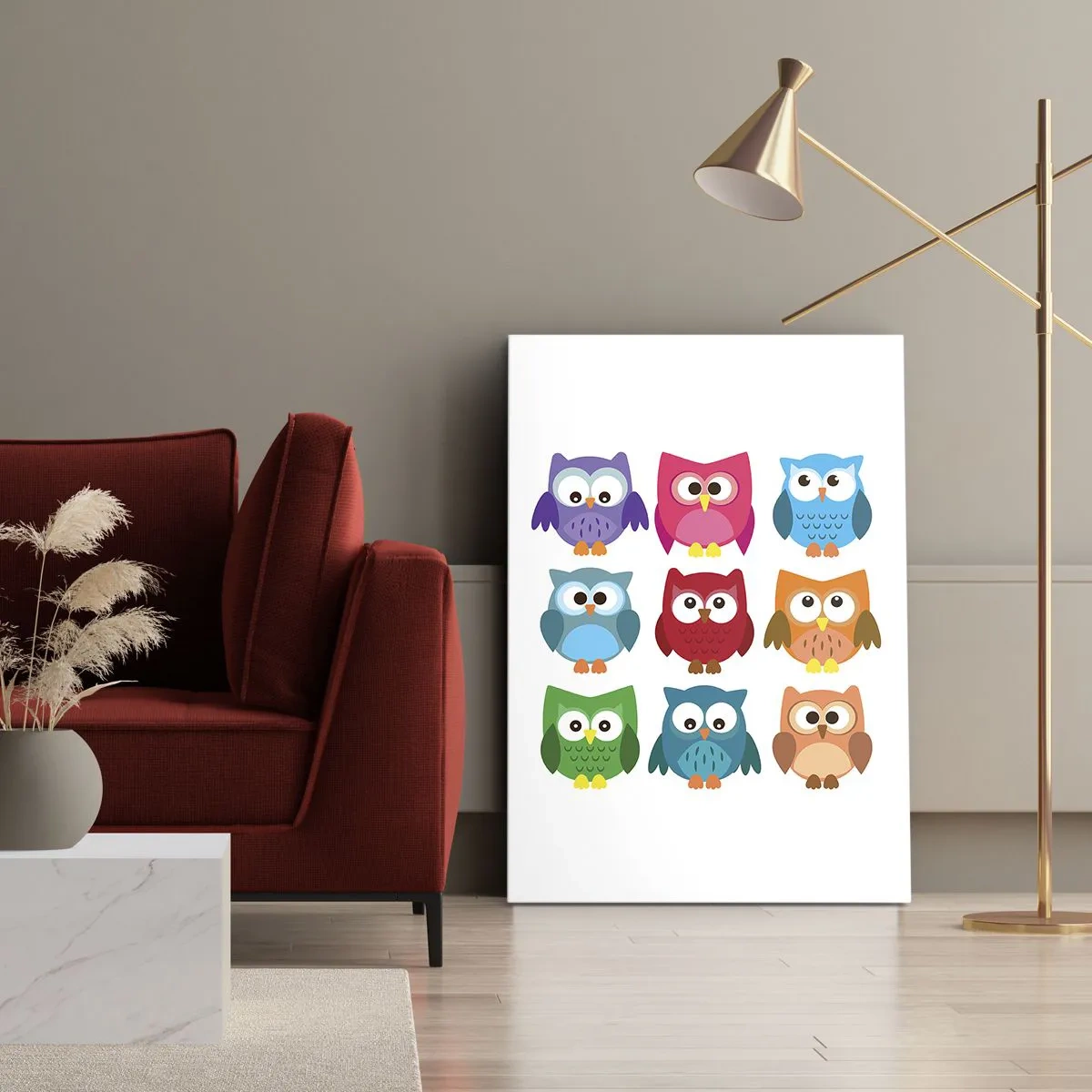 Impression sur toile - Image sur toile - Illustrations colorées de hiboux dans un style enfantin - 80x120cm - C'est amusant d'être différent - Décoration murale moderne pour le salon et la chambre ARTTOR