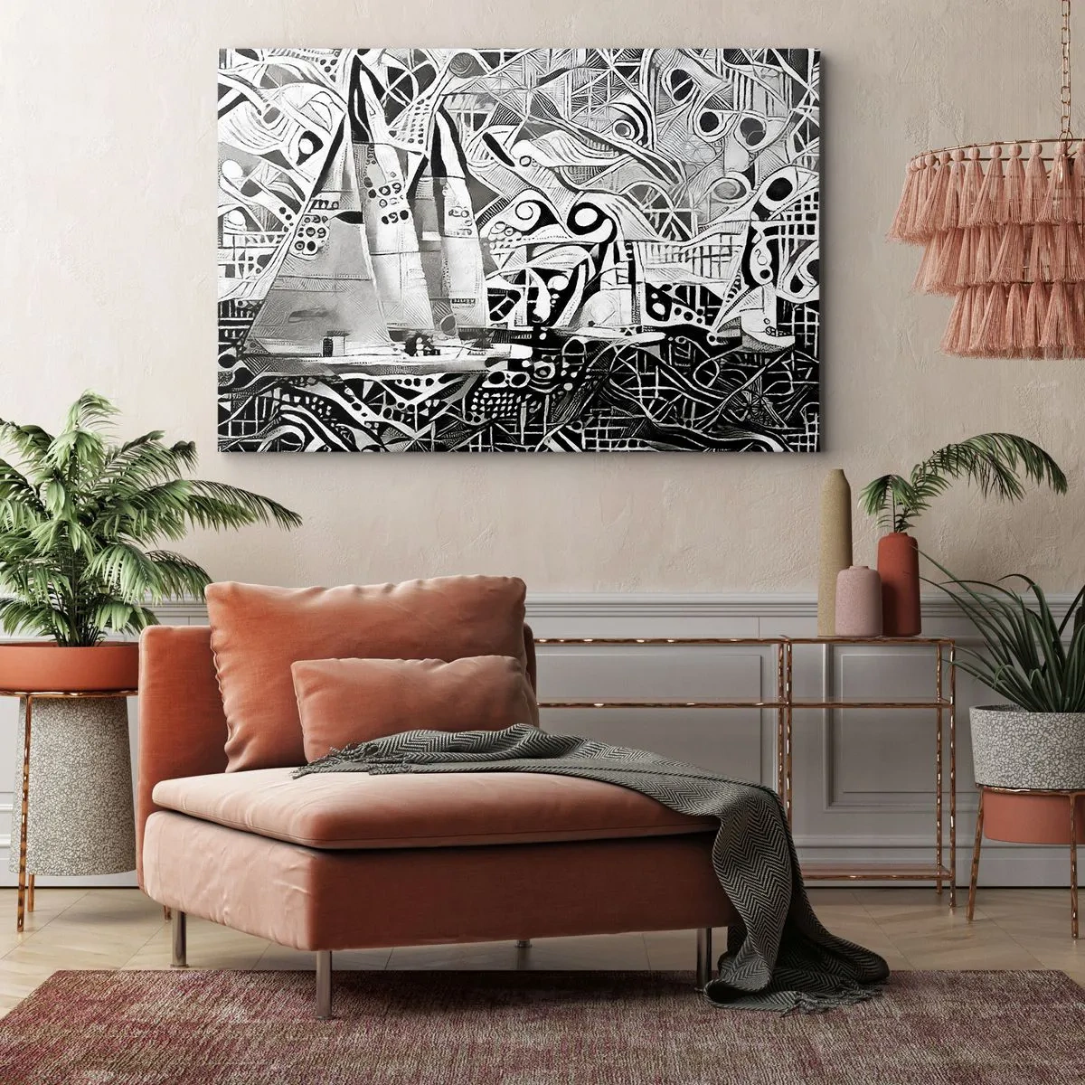 Impression sur toile - Image sur toile - Voiliers abstraits dans une composition monochrome - 100x70cm - Entre les vagues - Décoration murale moderne pour le salon et la chambre ARTTOR