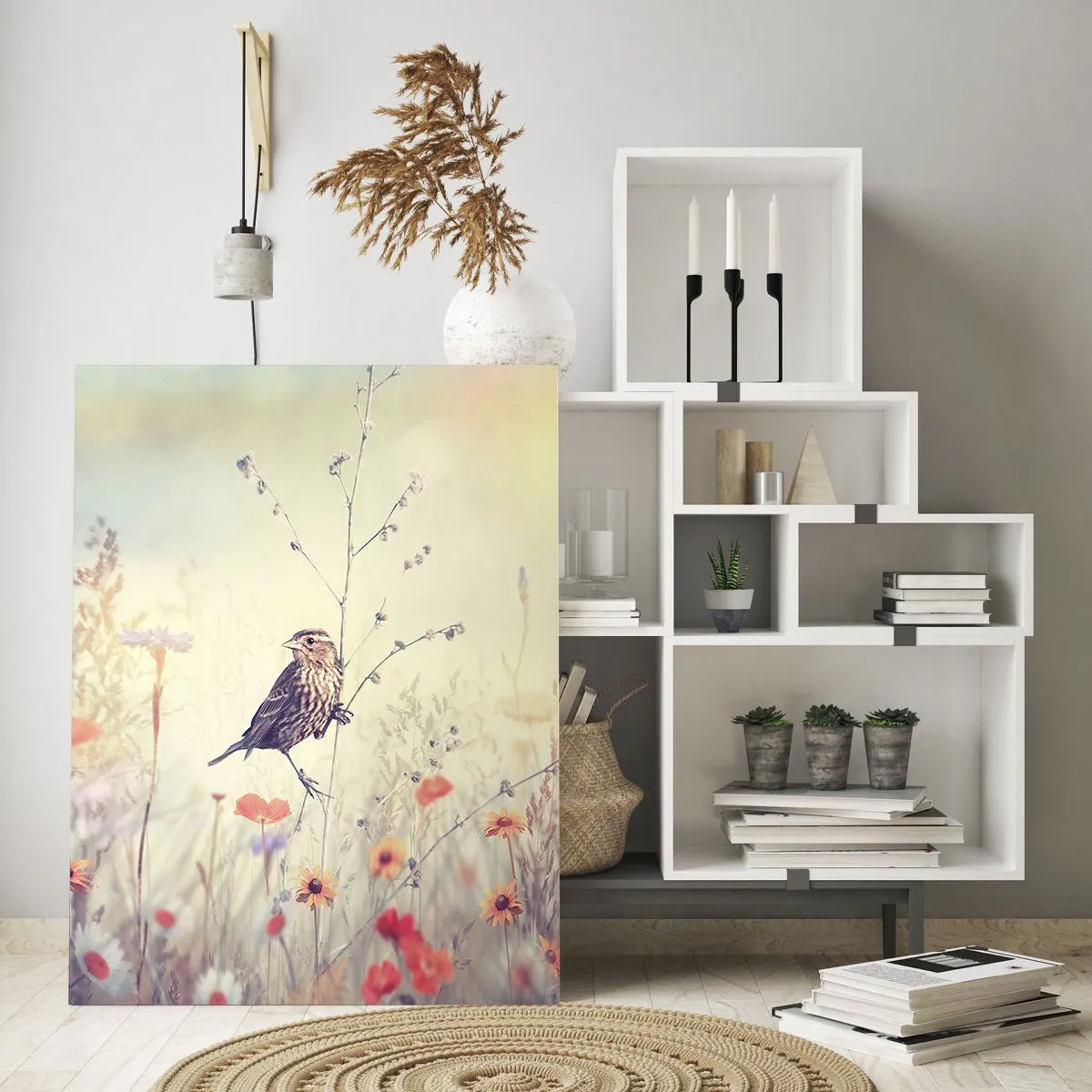 Impression sur verre - Image sur verre - Un oiseau dans une prairie fleurie au soleil - 50x70cm - Portrait d'oiseau sur pré en fond - Décoration murale moderne pour le salon et la chambre ARTTOR