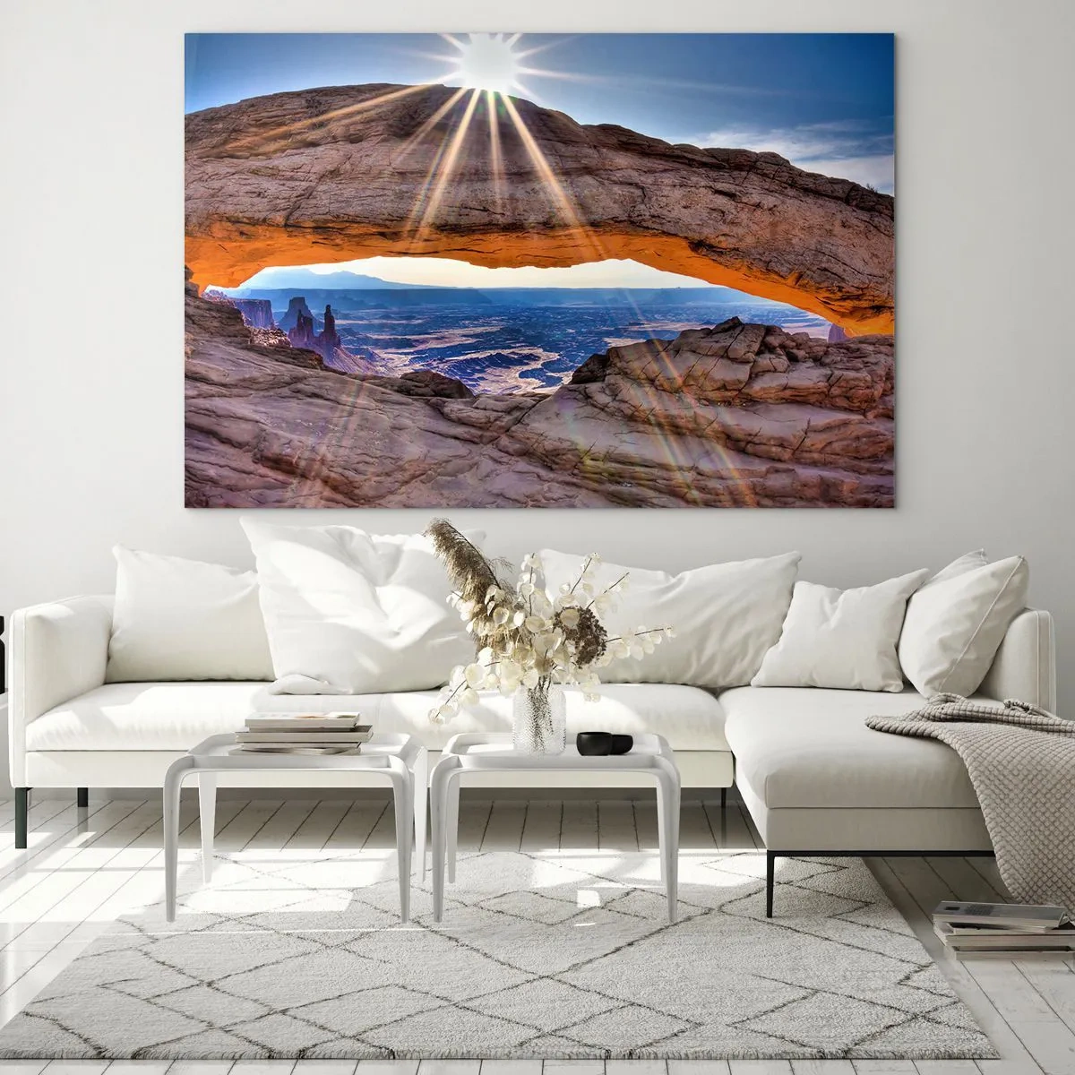 Impression sur verre - Image sur verre - Arche rocheuse avec rayons de soleil sur fond de paysage - 70x50cm - Par la porte rocheuse - Décoration murale moderne pour le salon et la chambre ARTTOR
