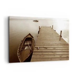 Impression sur toile - Image sur toile - Jetée en bois et bateau sur un lac calme - 100x70cm - Le grand silence - Décoration murale moderne pour le salon et la chambre ARTTOR
