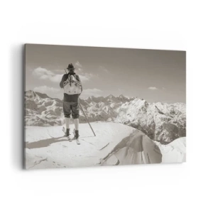 Impression sur toile - Image sur toile - Un skieur au sommet d'une montagne en noir et blanc - 120x80cm - Toutes les mêmes ces montagnes - Décoration murale moderne pour le salon et la chambre ARTTOR