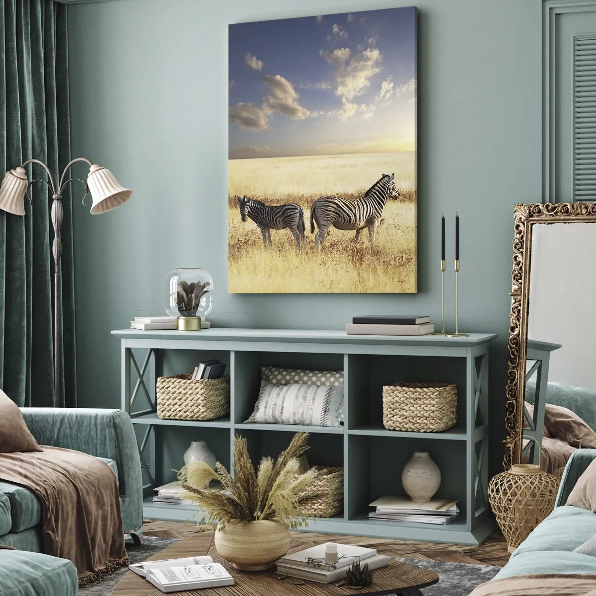 Impression sur toile - Image sur toile - Deux zèbres dans la savane sous les rayons du soleil couchant - 80x120cm - Va-t'en, n'ai pas de paix - Décoration murale moderne pour le salon et la chambre ARTTOR