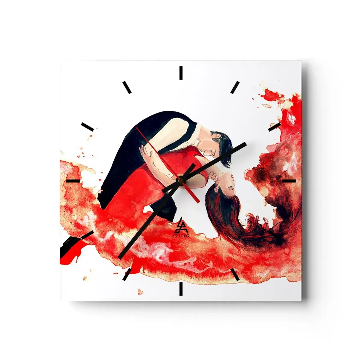 Horloge murale - Pendule murale - Une aquarelle dynamique d'un couple dansant aux couleurs rouges. - 30x30cm - Tango - une vague sensuelle - Décoration murale moderne pour le salon et la chambre ARTTOR