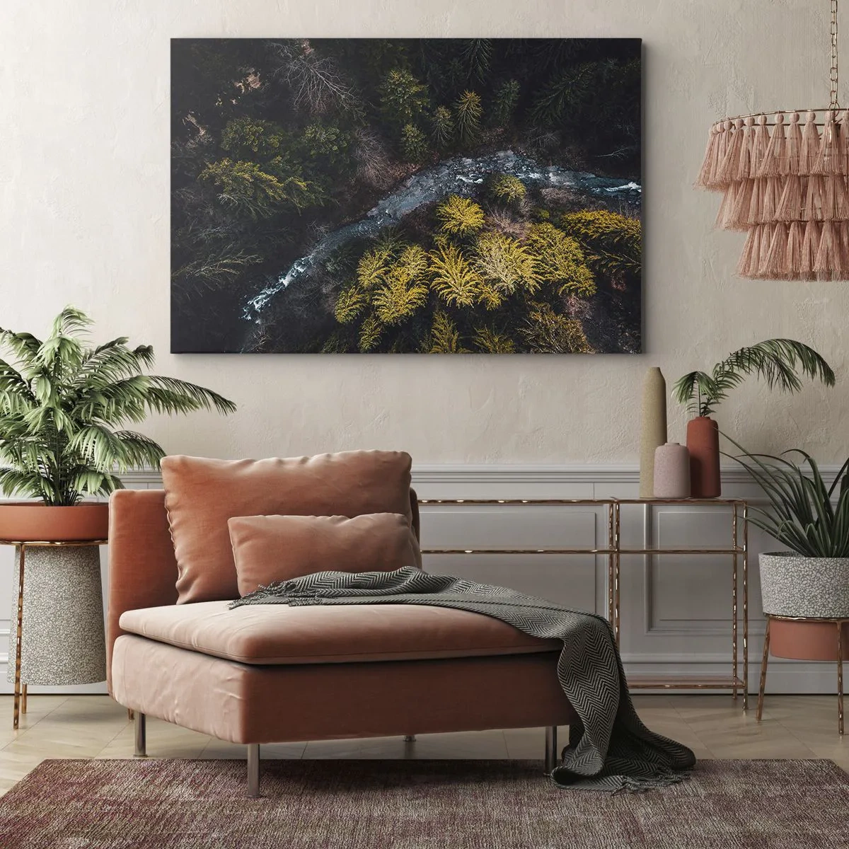 Impression sur toile - Image sur toile - Vue d'en haut d'une forêt avec une rivière sinueuse - 100x70cm - De plus en plus vite - Décoration murale moderne pour le salon et la chambre ARTTOR