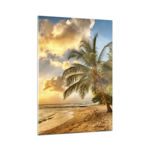 Impression sur verre - Image sur verre - Palm Beach au coucher du soleil avec des couleurs chaudes du ciel - 50x70cm - Été éternel, toujours des vacances - Décoration murale moderne pour le salon et la chambre ARTTOR