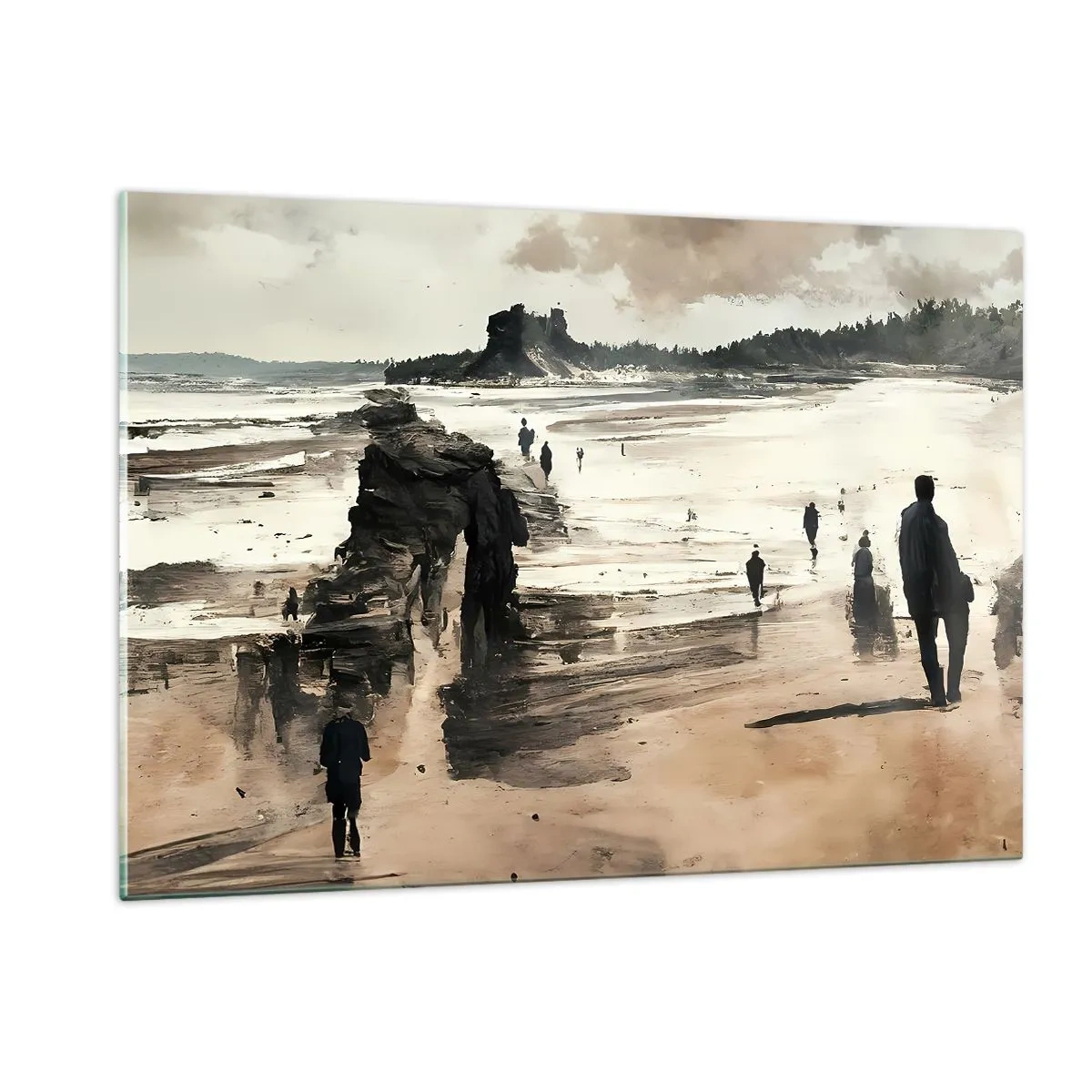 Impression sur verre - Image sur verre - Silhouettes marchant sur une large plage sous un ciel nuageux - 120x80cm - Invoqué - Décoration murale moderne pour le salon et la chambre ARTTOR